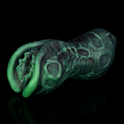 Alien Pocket Pussy with Neural Network Texture – Tubular Structure, Bioluminescent Green & Single Channel Made of Platinum Silicone
