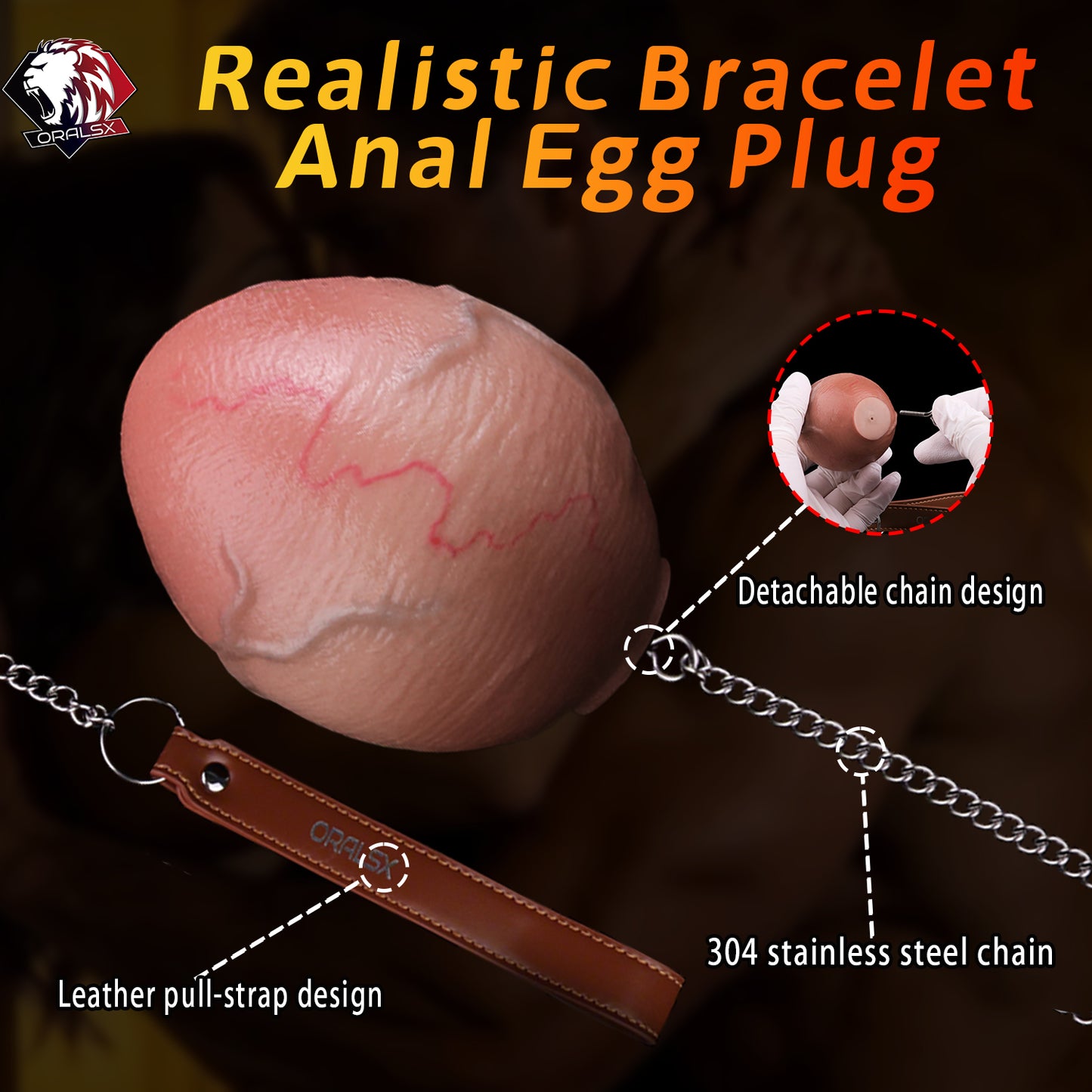Realistic Vein-Textured Silicone Butt Plug with Steel Chain — Egg-Shaped Anal Toy for Triple-Use Exploration