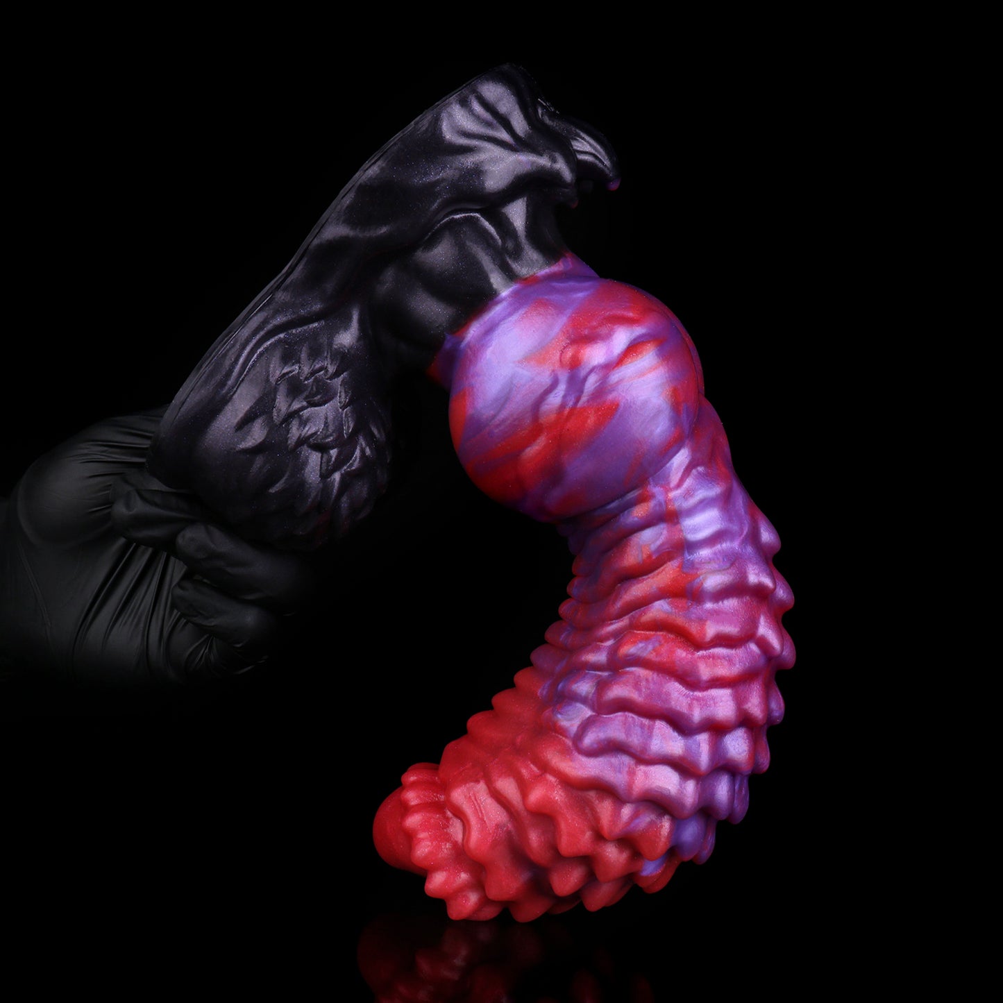 Void Spine — Full-Coverage Textured Fantasy Dog Dildo in Platinum Silicone, Purple-Crimson Pearl Marble, Ringed Spine Shaft & Testicle Suction Base