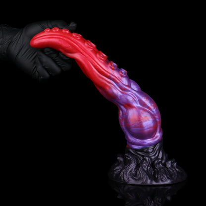 Abyssal Coil — Octopus Tentacle Fantasy Dildo in Platinum Silicone, Crimson-Violet Marble, Sucker Array, Multi-Lobe Shaft, Knot & Tentacle-Crown Suction Base