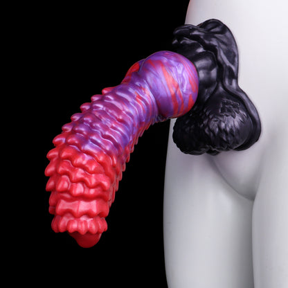 Void Spine — Full-Coverage Textured Fantasy Dog Dildo in Platinum Silicone, Purple-Crimson Pearl Marble, Ringed Spine Shaft & Testicle Suction Base
