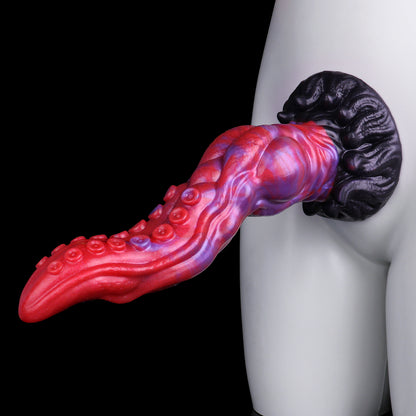 Abyssal Coil — Octopus Tentacle Fantasy Dildo in Platinum Silicone, Crimson-Violet Marble, Sucker Array, Multi-Lobe Shaft, Knot & Tentacle-Crown Suction Base