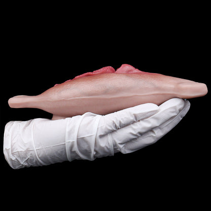 Organic Texture Fake Vagina Strap-On with Waist & Thigh Harness — Platinum Silicone Wearable Vulva Massager with Complex Rear Stimulation & Remote Vibration