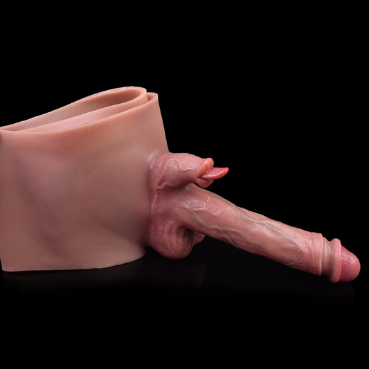 Penisverlängerungshose mit Zungen- und Klitorisstimulation – 20 cm lange Silikon-Penishülle für Männer