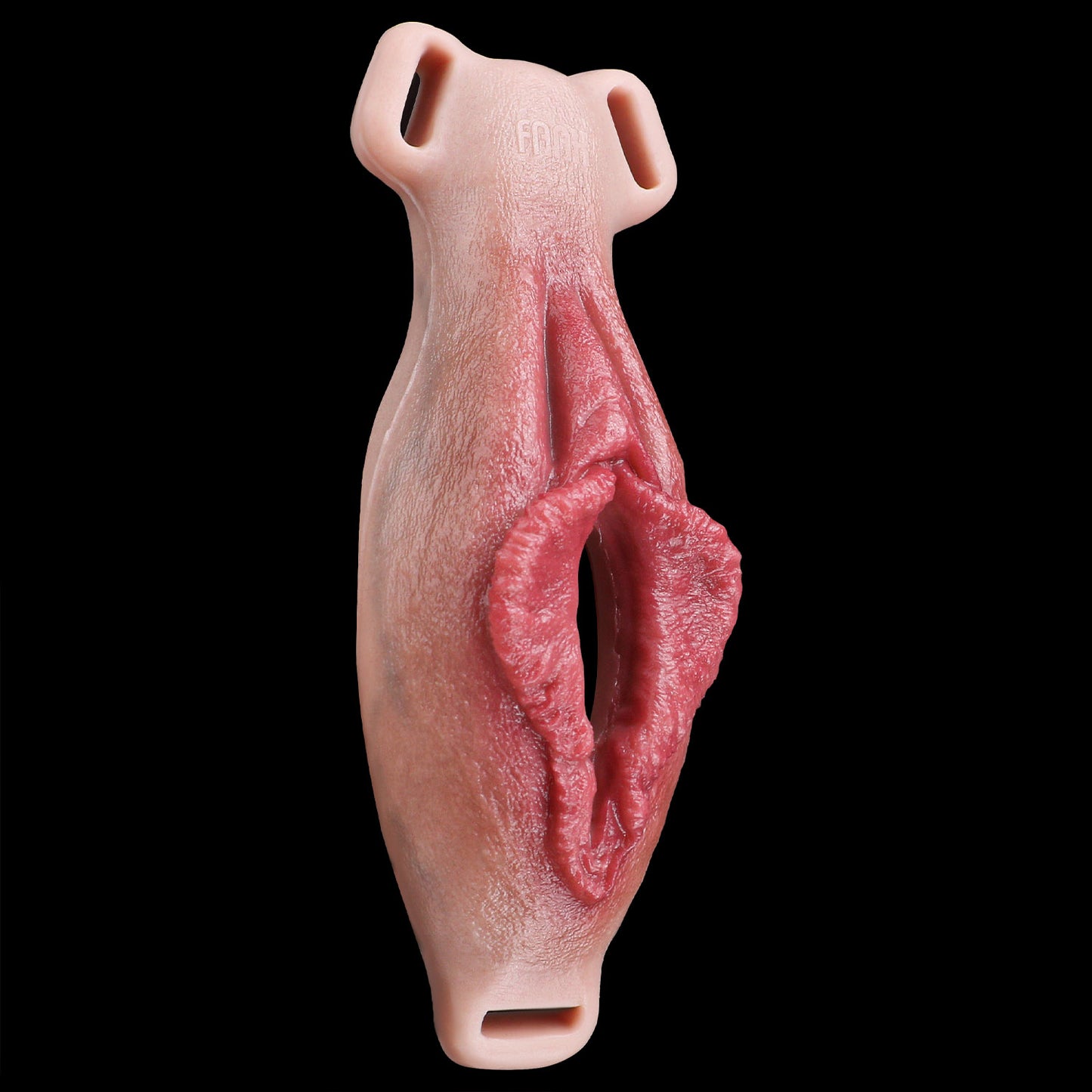 Everted Labia Fake Vagina Strap-On with Tongue Stimulator — Platinum Silicone Wearable Vulva Massager with Remote Vibration & Open-Centre Design