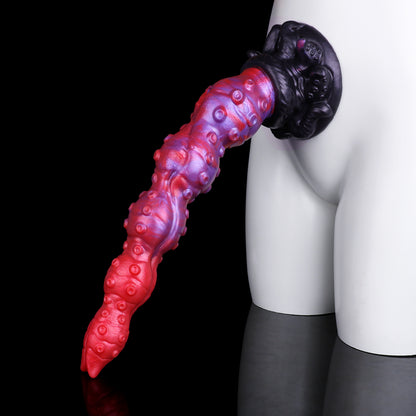 Crimson Tide — Marbled Red-Purple Tentacle Long Dildo, Platinum Silicone, Full-Shaft Sucker Rows & Sculpted Octopus Base