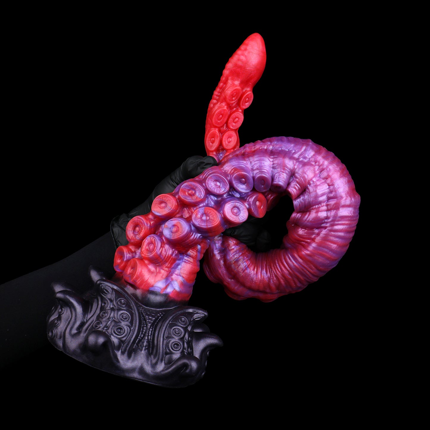 Abyssal Coil — Extra-Long Tentacle Fantasy Long Dildo in Platinum Silicone, Crimson-Violet Marble, Sucker Shaft & Kraken-Carved Suction Base