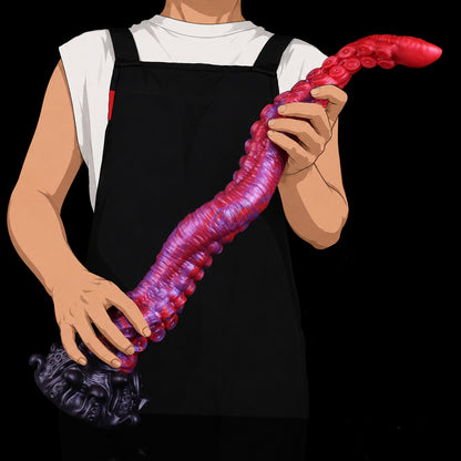 Abyssal Coil — Extra-Long Tentacle Fantasy Long Dildo in Platinum Silicone, Crimson-Violet Marble, Sucker Shaft & Kraken-Carved Suction Base