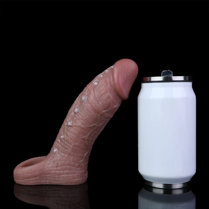 Textured Flesh-Brown Cock Sleeve: Studded Shaft Penis Extender with Bulbous Head & Erection Loop for Couples Play