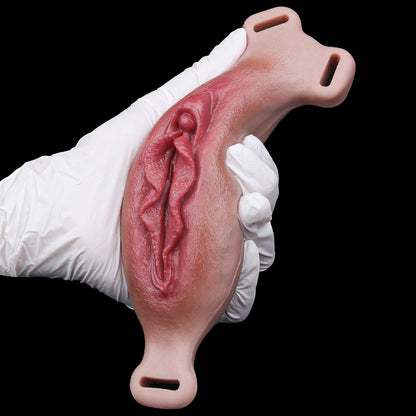 Organic Texture Fake Vagina Strap-On with Waist & Thigh Harness — Platinum Silicone Wearable Vulva Massager with Complex Rear Stimulation & Remote Vibration