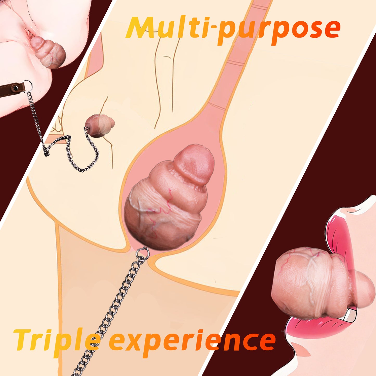 Realistic Silicone Anal Butt Plug with Steel Chain — Platinum Silicone Anal Dildo for Triple-Use Vaginal, Anal & Oral Play