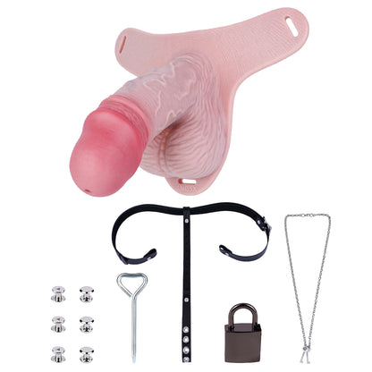 Realistic Platinum Silicone Male Chastity Cage Pants – Leather Harness Bondage Device for Long-Term Wear