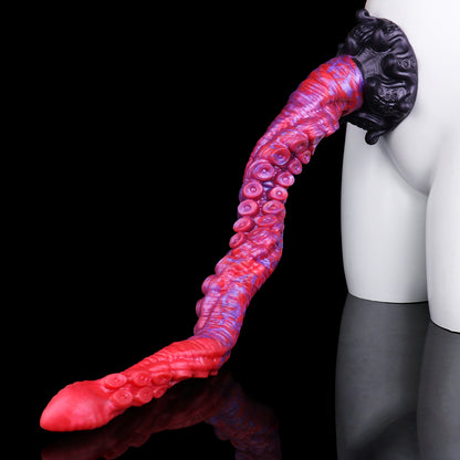 Abyssal Coil — Extra-Long Tentacle Fantasy Long Dildo in Platinum Silicone, Crimson-Violet Marble, Sucker Shaft & Kraken-Carved Suction Base