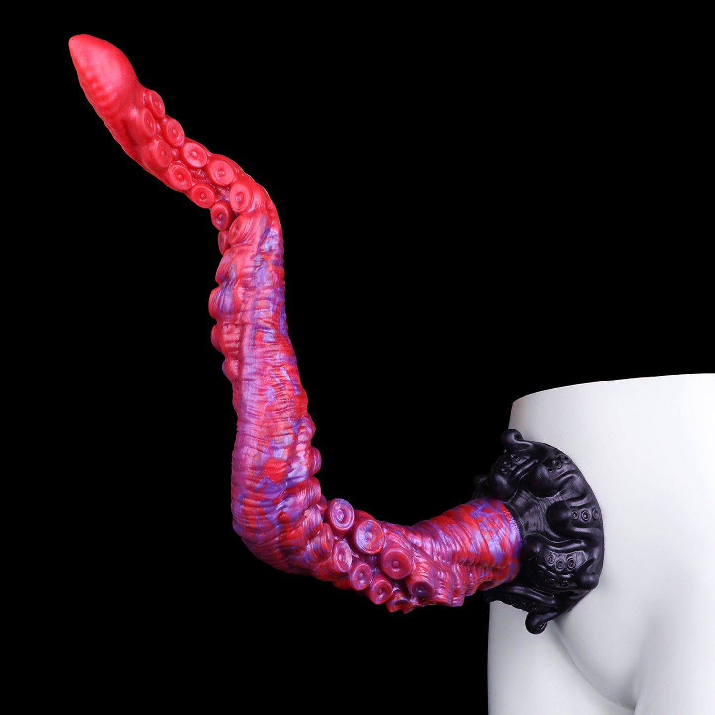 Abyssal Coil — Extra-Long Tentacle Fantasy Long Dildo in Platinum Silicone, Crimson-Violet Marble, Sucker Shaft & Kraken-Carved Suction Base