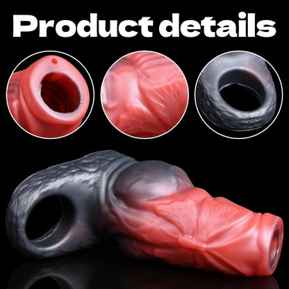 Blutroter Fantasy-Hunde-Penis-Sleeve – Offener Silikon-Penisverlängerer zur Desensibilisierung und Umfangsvergrößerung