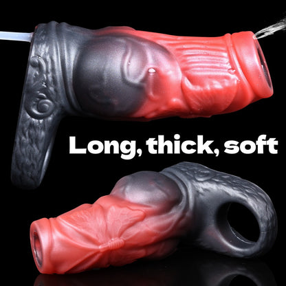 Blutroter Fantasy-Hunde-Penis-Sleeve – Offener Silikon-Penisverlängerer zur Desensibilisierung und Umfangsvergrößerung