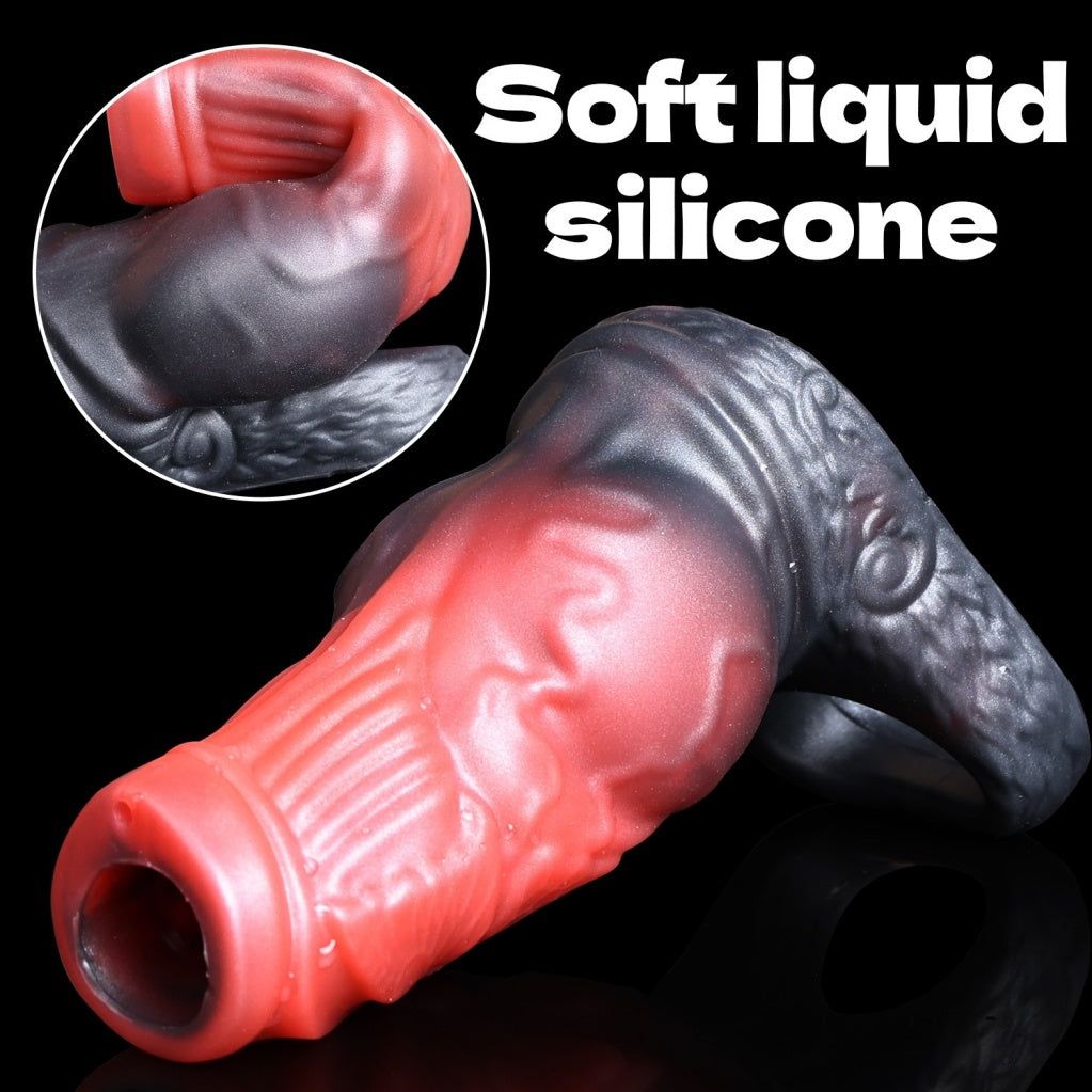 Blutroter Fantasy-Hunde-Penis-Sleeve – Offener Silikon-Penisverlängerer zur Desensibilisierung und Umfangsvergrößerung