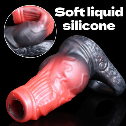 Blutroter Fantasy-Hunde-Penis-Sleeve – Offener Silikon-Penisverlängerer zur Desensibilisierung und Umfangsvergrößerung