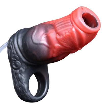 Blutroter Fantasy-Hunde-Penis-Sleeve – Offener Silikon-Penisverlängerer zur Desensibilisierung und Umfangsvergrößerung