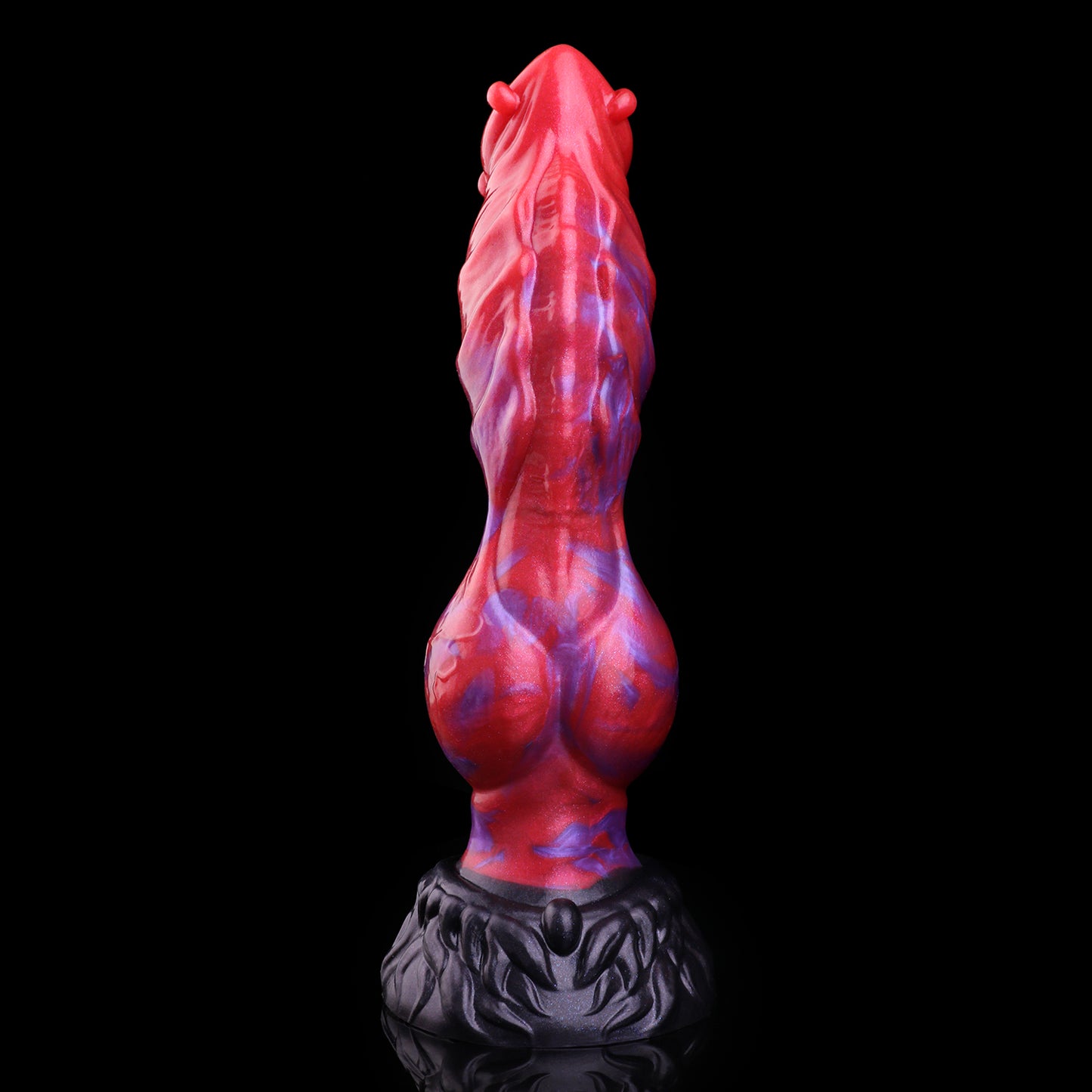 Scarlet Fang — Fantasy Dog Dildo in Platinum Silicone, Crimson-Violet Cloud Marble, Four-Nub Glans & Fur-Textured Suction Base