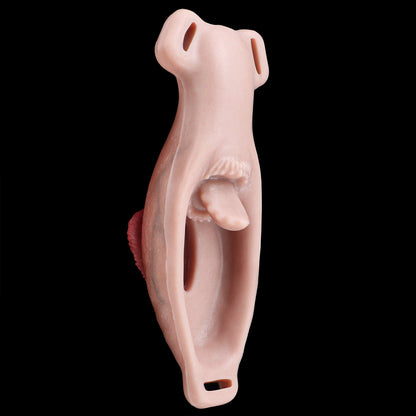 Everted Labia Fake Vagina Strap-On with Tongue Stimulator — Platinum Silicone Wearable Vulva Massager with Remote Vibration & Open-Centre Design