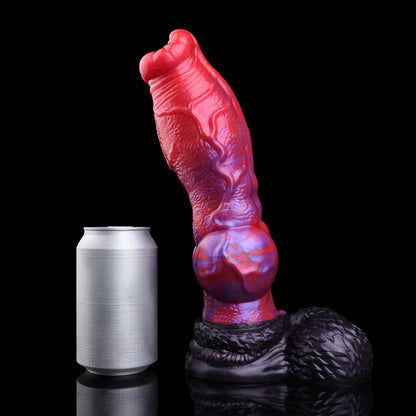 Crimson Bloom — Knotted Fantasy Dog Dildo in Platinum Silicone, Crimson-Violet Marble, Radial Petal Crown, Vein-Ridge Shaft & Plush Testicle Suction Base