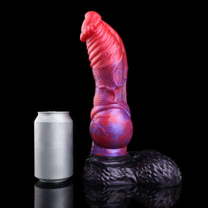 Scarlet Wraith — Knotted Fantasy Dog Dildo in Platinum Silicone, Crimson-Violet Marble, Nodule Corona, Rope-Twist Shaft, Wing Protrusions & Scale Testicle Suction Base