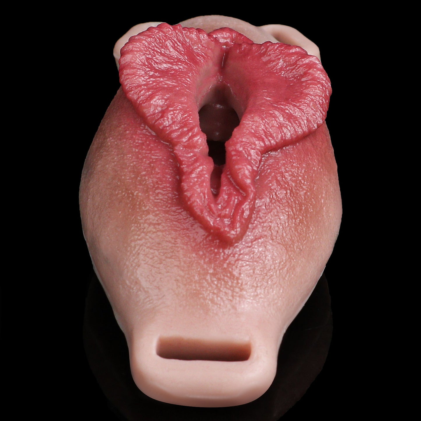 Everted Labia Fake Vagina Strap-On with Tongue Stimulator — Platinum Silicone Wearable Vulva Massager with Remote Vibration & Open-Centre Design