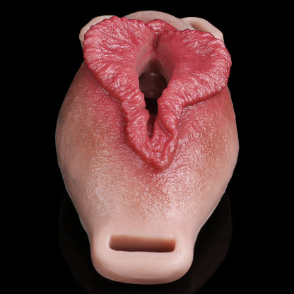 Everted Labia Fake Vagina Strap-On with Tongue Stimulator — Platinum Silicone Wearable Vulva Massager with Remote Vibration & Open-Centre Design