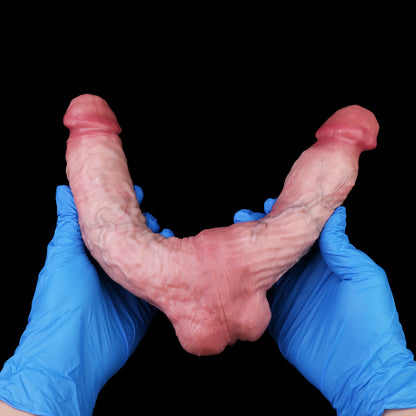 Symmetric Double Dildo with Centre Testicle — Realistic Platinum Silicone Dual-Ended Dildo with Twisted Vein Texture for Lesbian & Couples Play