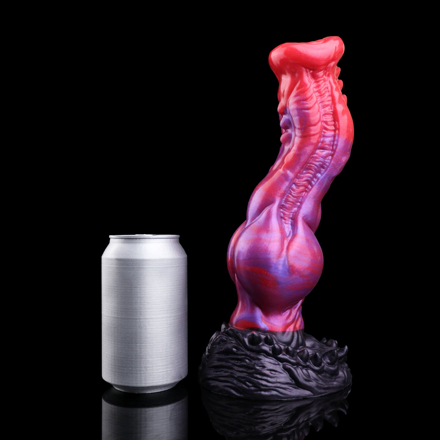 Void Fang — Curved Fantasy Dog Dildo in Platinum Silicone, Magenta-Violet Marble, Flared Trumpet Glans, Bilateral Spine Array, S-Curve Shaft, Ball Bulge & Fang-Crown Suction Base