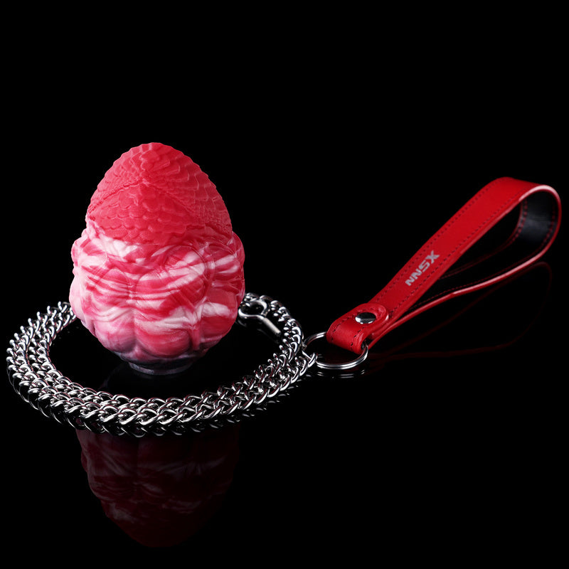 Dragon Scale Silicone Egg Anchor Plug & Restraint Gag with 304 Steel Leash & Red Leather Handle (M/L)