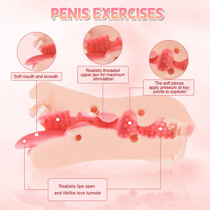 Realistic Pocket Pussy Male Masturbator - 2-in-1 Big Labia Vaginal Sex Oral Sucking Penis Massage