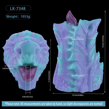 Dragon Mouth Pocket Pussy — Platinum Silicone Fantasy Dragon Masturbator in Teal & Purple with Scale Texture, Horns & Single-Channel Design