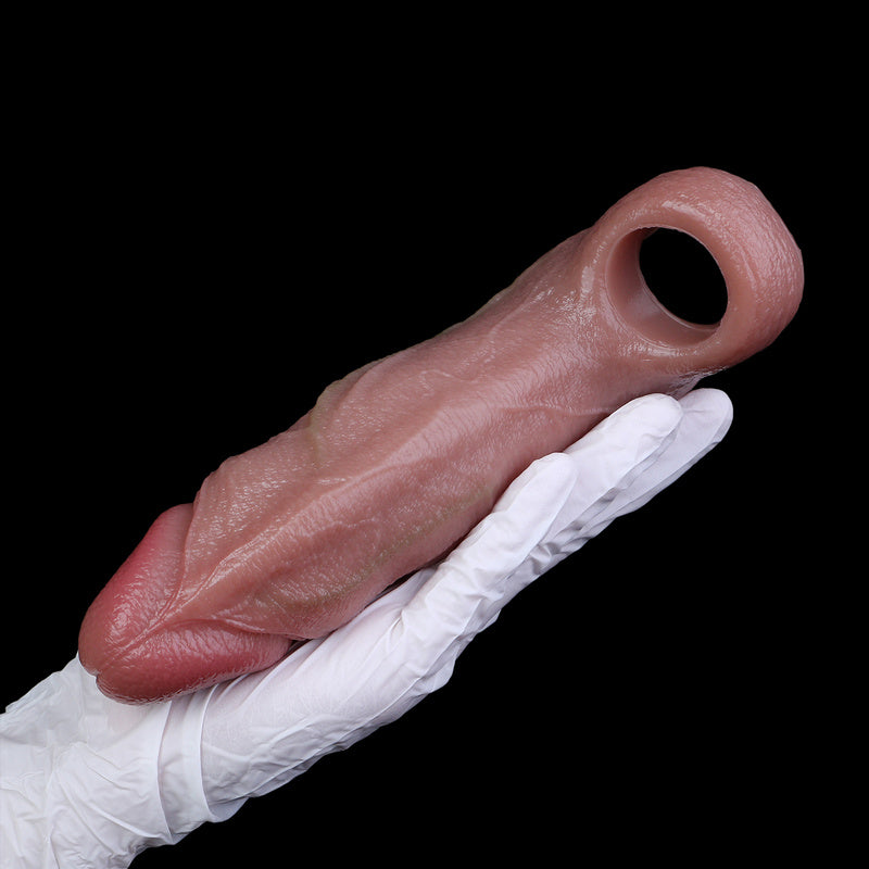 Sun-Kissed Tan Cock Sleeve: Textured Liquid Silicone Shaft Enhancer with Anchor Ring & Climax Port for Intimate Bedtime Pleasure