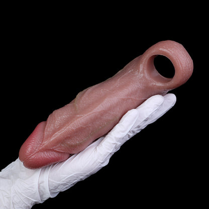 Sun-Kissed Tan Cock Sleeve: Textured Liquid Silicone Shaft Enhancer with Anchor Ring & Climax Port for Intimate Bedtime Pleasure