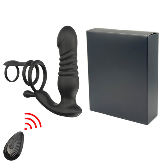 Remote Control Thrusting Dildo Prostate Massager - Triple Cock Rings Anal Plug Sex Toys for Men