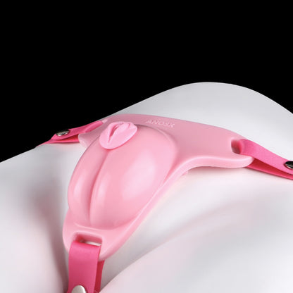 Female Strap-On Silicone Pink Chastity Cage - Urethra Channel  Stand to Pee Devices
