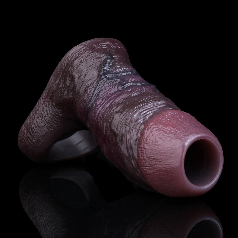 Black-Brown Silicone Realistic Penis Sleeve - Testicle-Restraint and Ejaculation Delay Ring for Extended Erection