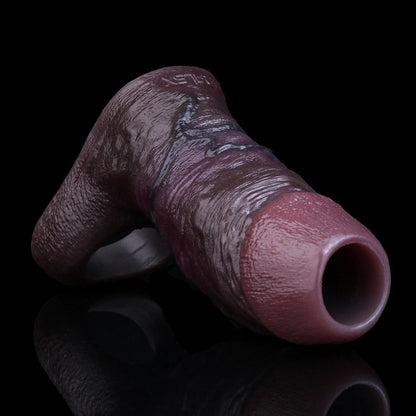 Black-Brown Silicone Realistic Penis Sleeve - Testicle-Restraint and Ejaculation Delay Ring for Extended Erection