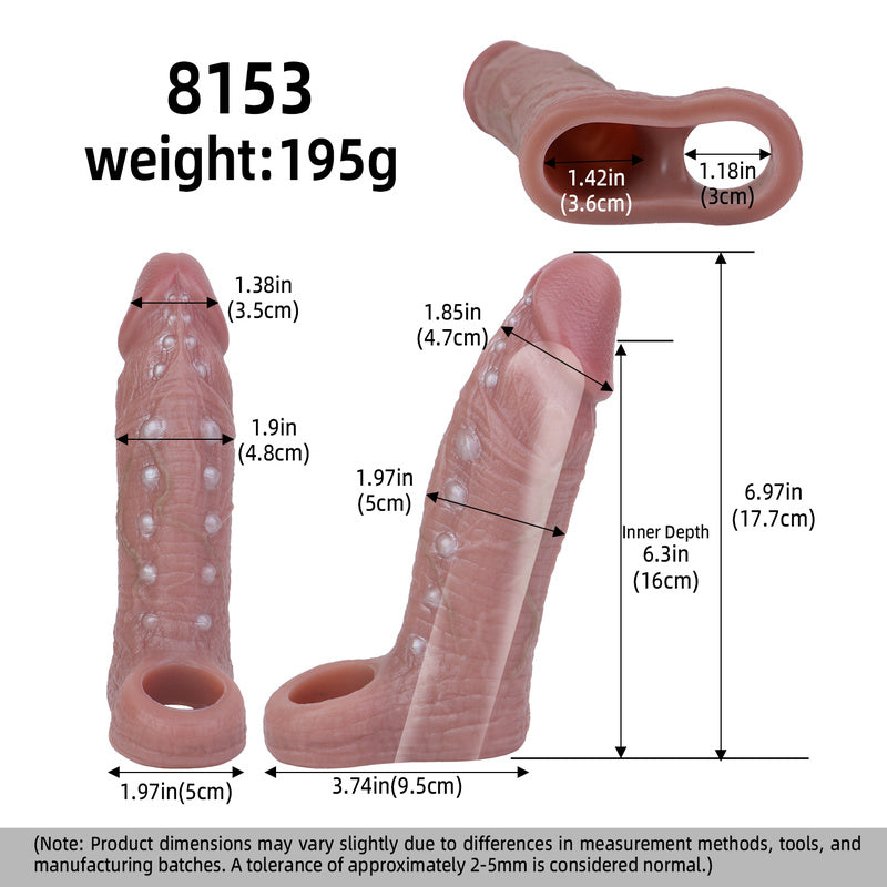 Textured Flesh-Brown Cock Sleeve: Studded Shaft Penis Extender with Bulbous Head & Erection Loop for Couples Play