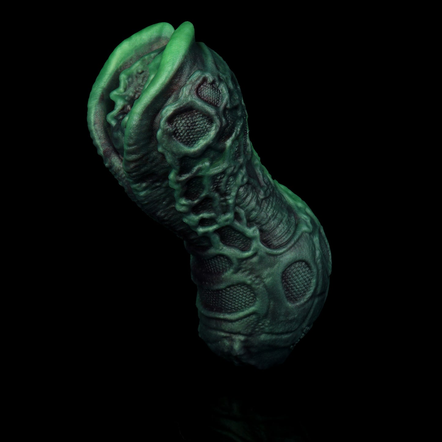 Alien Pocket Pussy with Neural Network Texture – Tubular Structure, Bioluminescent Green & Single Channel Made of Platinum Silicone