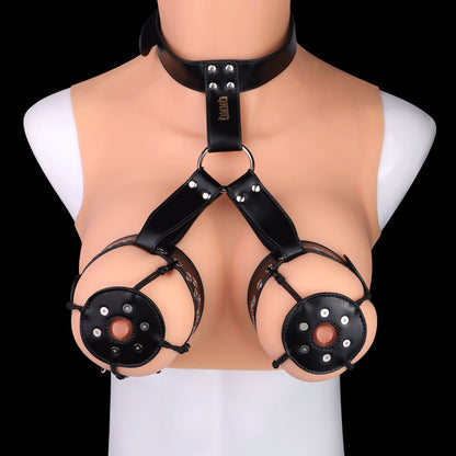 Spiked Leather Nipple Stimulators with Collar Harness — Lift, Expose & Tease in Pink or Black