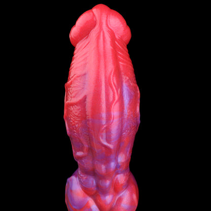 Crimson Bloom — Knotted Fantasy Dog Dildo in Platinum Silicone, Crimson-Violet Marble, Radial Petal Crown, Vein-Ridge Shaft & Plush Testicle Suction Base