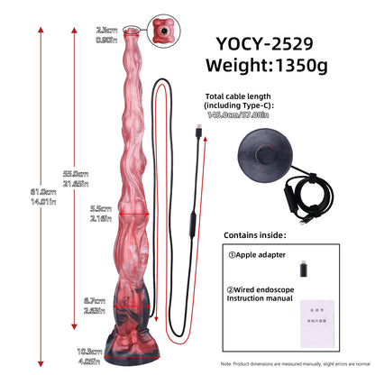 Abyss Fantasy Long Dildo — Platinum Silicone Segmented Bulge Design with HD Endoscopic Camera, 8-LED Ring & Suction Base
