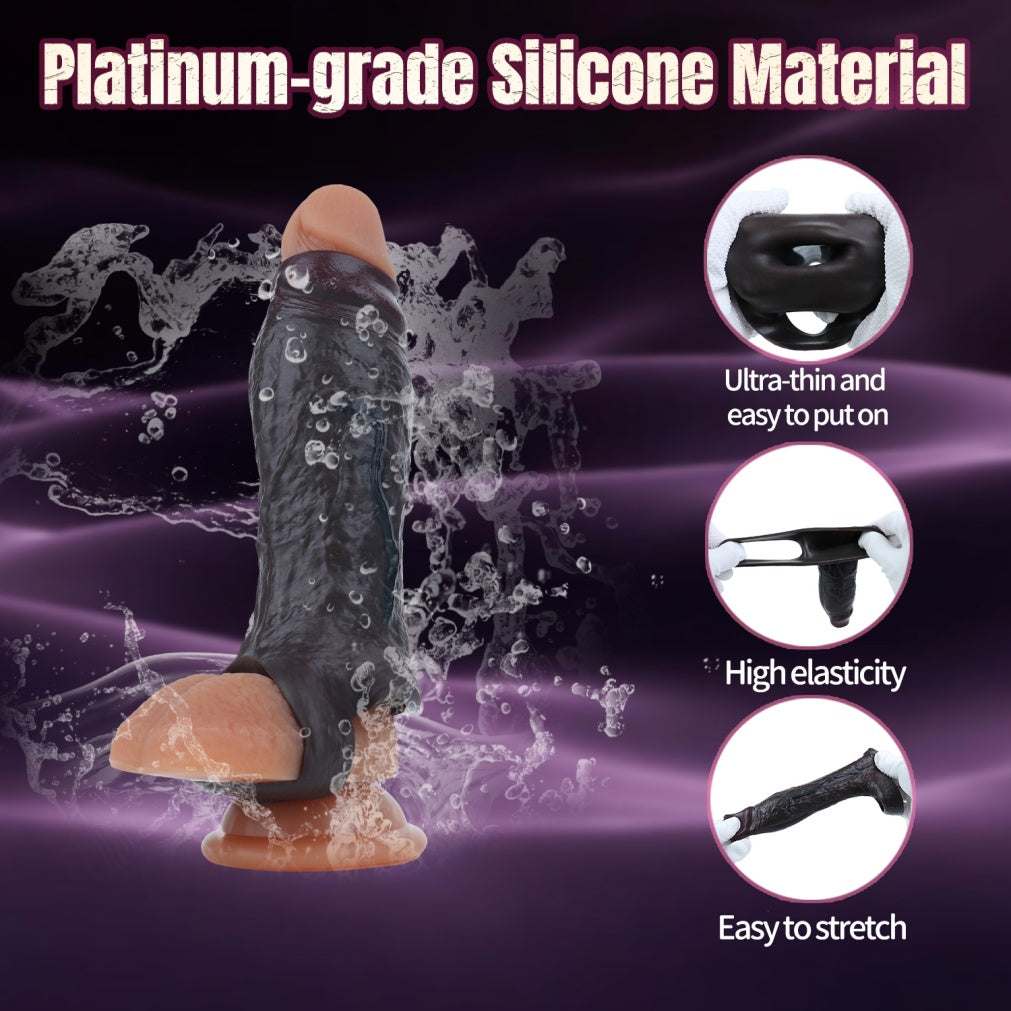 Realistic Black Silicone Wearable Penis Sleeve – Girth Enhancing Cock Extender for Erection Support & Delay