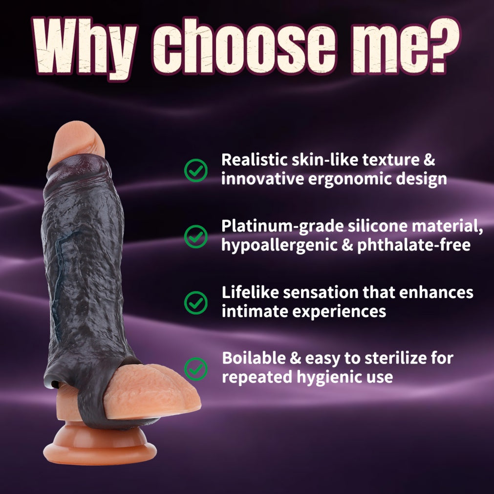 Realistic Black Silicone Wearable Penis Sleeve – Girth Enhancing Cock Extender for Erection Support & Delay