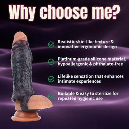 Realistic Black Silicone Wearable Penis Sleeve – Girth Enhancing Cock Extender for Erection Support & Delay