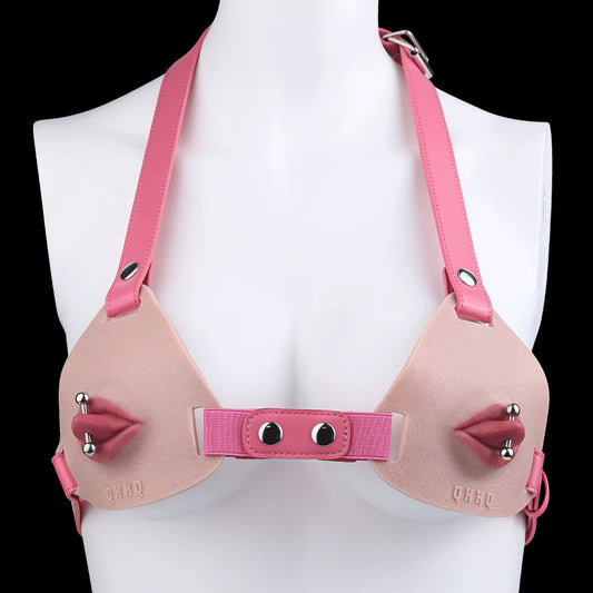 Tongue Stud Chest Harness — 3D Sculpted BDSM Toys with Removable Tongue Piercing & Adjustable Leather Strap