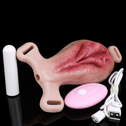 Closed Labia Fake Vagina Strap-On with Mouth & Tongue Stimulator — Platinum Silicone Wearable Vulva Massager for Solo & Couples Play
